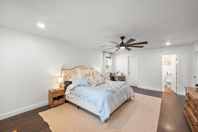 233 NE Moody St, Burleson, TX 76028 - bedroom with baseboards, a ceiling fan, recessed lighting, and dark wood-type flooring