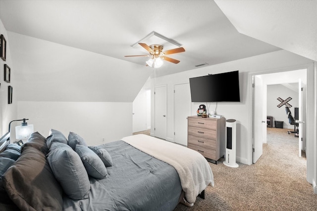 233 NE Moody St, Burleson, TX 76028 - bedroom with visible vents, ceiling fan, light colored carpet, and lofted ceiling