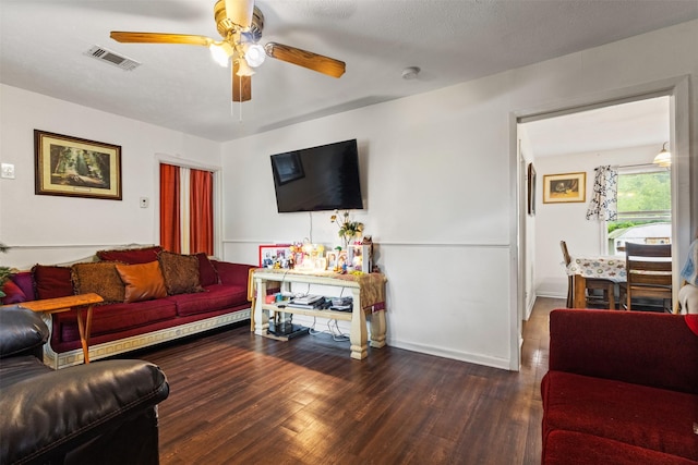 3724 Highgrove Dr, Dallas, TX 75220 - living room with baseboards, a ceiling fan, wood finished floors, and visible vents