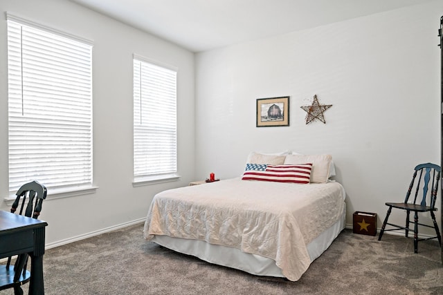 carpeted bedroom featuring baseboards and multiple windows