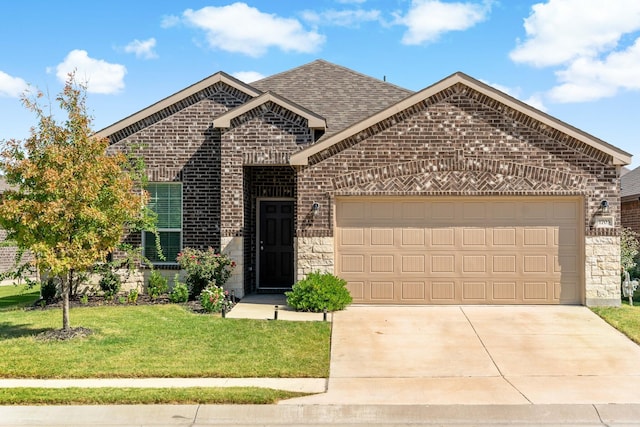 view of front of house featuring driveway, brick siding, a front lawn, an attached garage, and stone siding