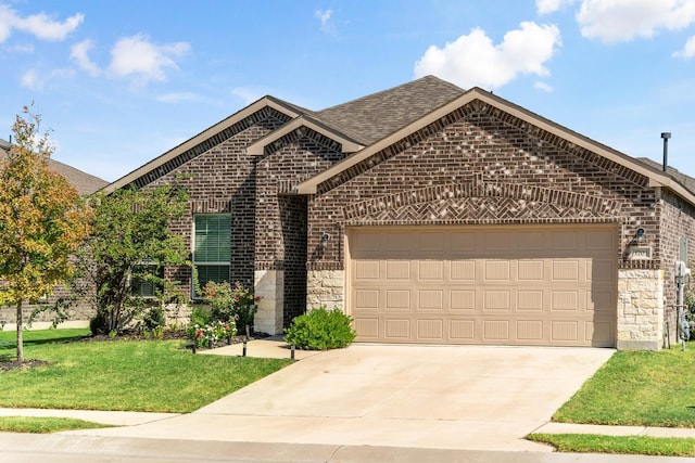 view of front of home featuring a garage, brick siding, a front lawn, concrete driveway, and a shingled roof