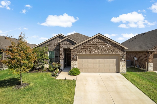 view of front of house with driveway, roof with shingles, a garage, brick siding, and a front lawn