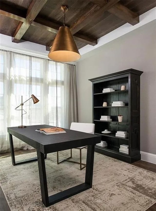 904 Devonshire Dr, Allen, TX 75013 - office with beamed ceiling, wood ceiling, and dark wood-type flooring