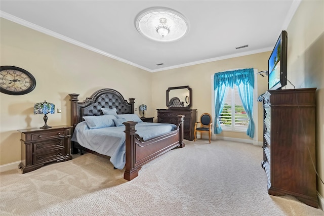 carpeted bedroom with crown molding, baseboards, and visible vents