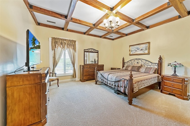 bedroom with visible vents, beamed ceiling, a chandelier, light carpet, and coffered ceiling