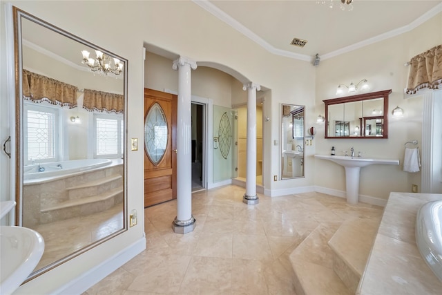 full bath with visible vents, ornamental molding, decorative columns, marble finish floor, and a bath