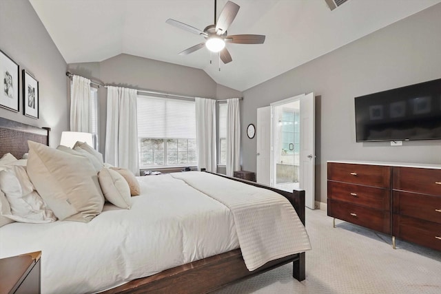 8926 White Pine Ln, Dallas, TX 75238 - bedroom with lofted ceiling, light carpet, baseboards, ceiling fan, and ensuite bath