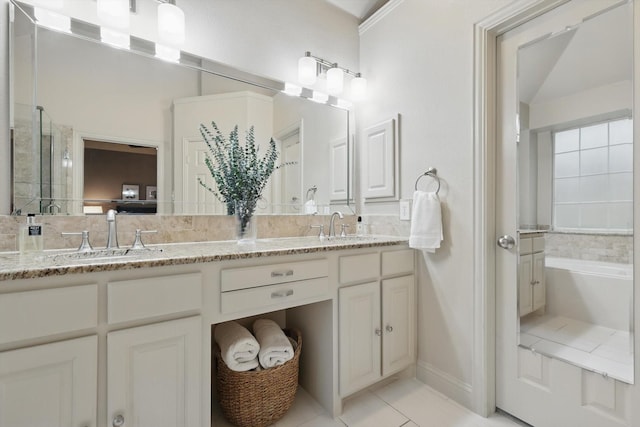 8926 White Pine Ln, Dallas, TX 75238 - bathroom with double vanity, tile patterned floors, a sink, and a shower with shower door