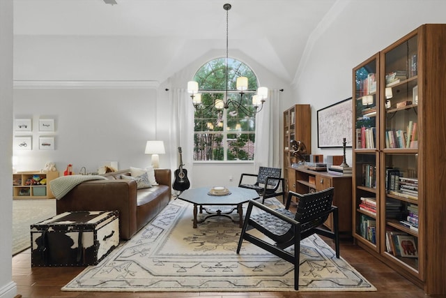 8926 White Pine Ln, Dallas, TX 75238 - interior space with dark wood-type flooring, crown molding, a chandelier, and vaulted ceiling