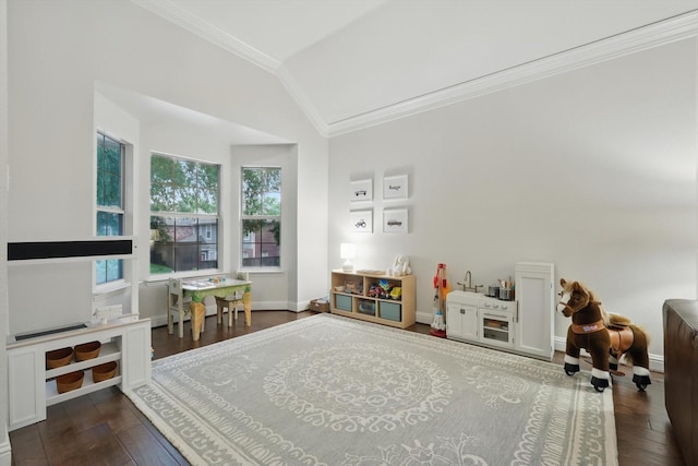 8926 White Pine Ln, Dallas, TX 75238 - recreation room featuring crown molding, baseboards, hardwood / wood-style floors, and lofted ceiling