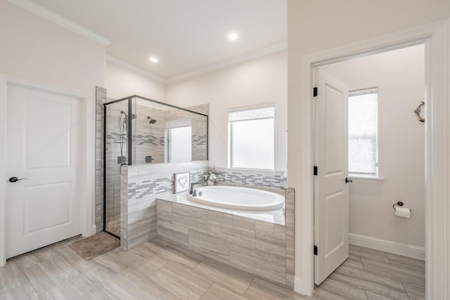full bathroom with recessed lighting, baseboards, a shower stall, ornamental molding, and a garden tub