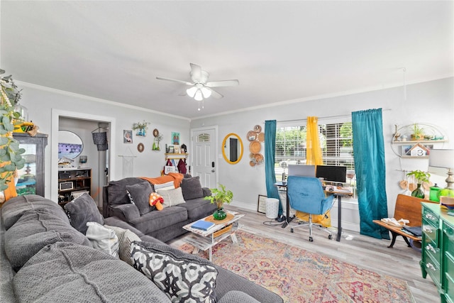 2612 1st St, Brownwood, TX 76801 - living room with a ceiling fan, wood finished floors, a desk, ornamental molding, and baseboards