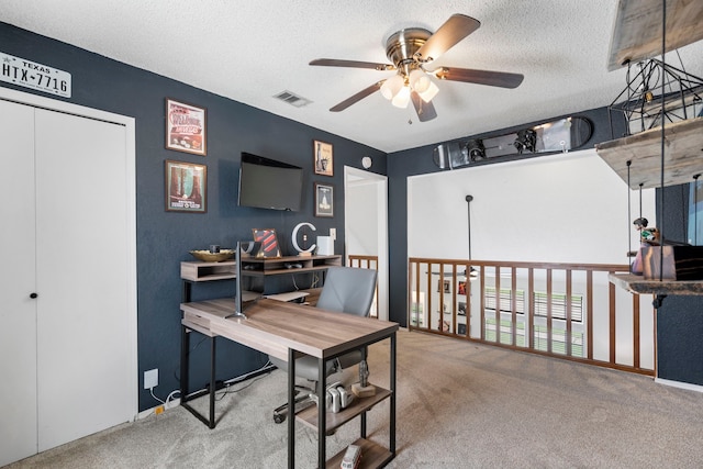 4145 Malone Ave, The Colony, TX 75056 - carpeted office featuring ceiling fan, a textured ceiling, and visible vents