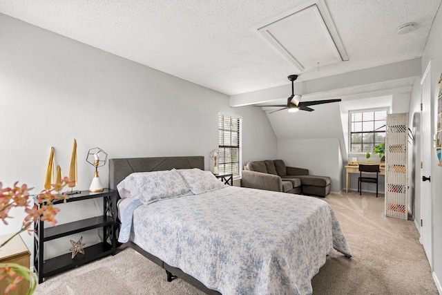 4145 Malone Ave, The Colony, TX 75056 - carpeted bedroom featuring attic access, a textured ceiling, a ceiling fan, and multiple windows