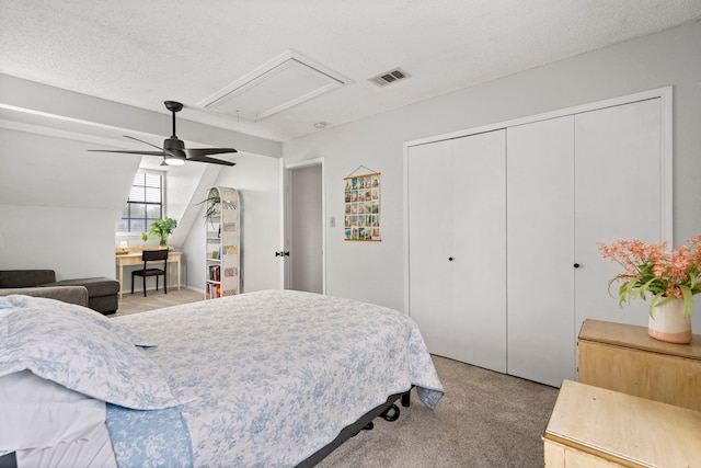 4145 Malone Ave, The Colony, TX 75056 - bedroom with a ceiling fan, visible vents, light carpet, and attic access