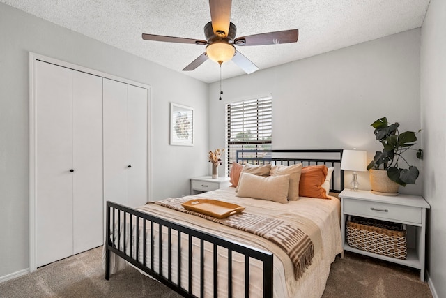 4145 Malone Ave, The Colony, TX 75056 - carpeted bedroom with a ceiling fan, a textured ceiling, and a closet