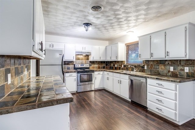 kitchen with a sink, appliances with stainless steel finishes, backsplash, and under cabinet range hood