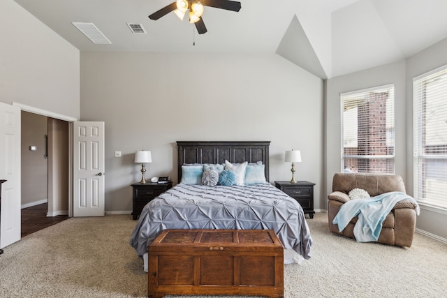 1306 Andrew Ct, Lewisville, TX 75056 - bedroom featuring carpet flooring, baseboards, ceiling fan, and high vaulted ceiling
