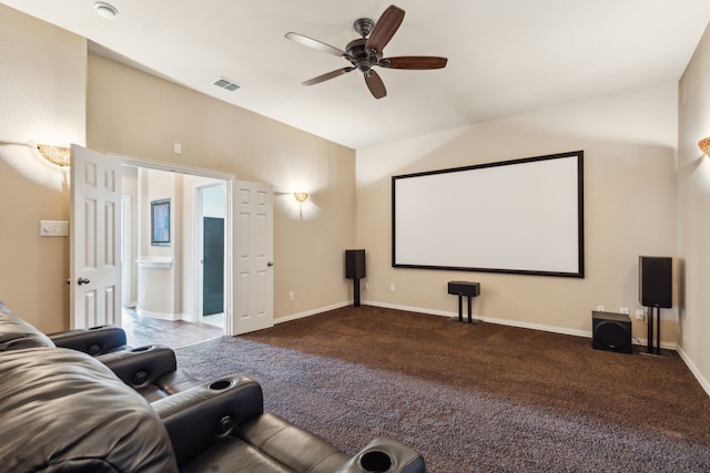 1306 Andrew Ct, Lewisville, TX 75056 - home theater with ceiling fan, carpet flooring, vaulted ceiling, and baseboards