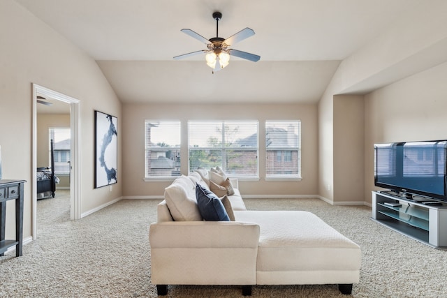 1306 Andrew Ct, Lewisville, TX 75056 - living room with carpet, ceiling fan, lofted ceiling, and plenty of natural light