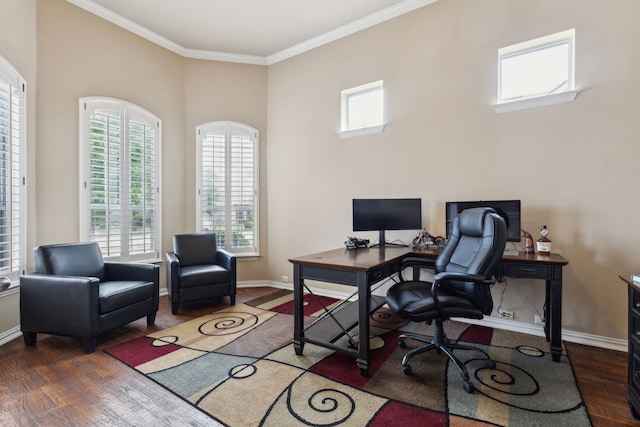 1306 Andrew Ct, Lewisville, TX 75056 - home office with wood finished floors, healthy amount of natural light, ornamental molding, and baseboards