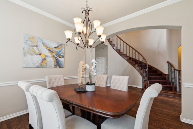 1306 Andrew Ct, Lewisville, TX 75056 - dining space featuring stairway, a chandelier, wood finished floors, ornamental molding, and baseboards