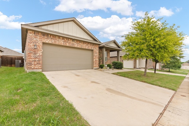 single story home featuring a garage, a front yard, brick siding, board and batten siding, and concrete driveway