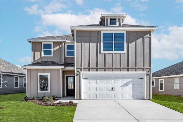 view of front of property with concrete driveway, an attached garage, board and batten siding, and a front lawn