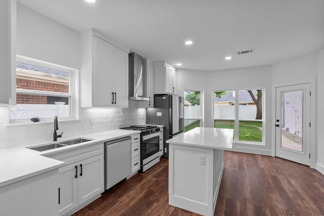 6725 Macintosh Dr, Plano, TX 75023 - kitchen with stainless steel appliances, decorative backsplash, a sink, and wall chimney exhaust hood