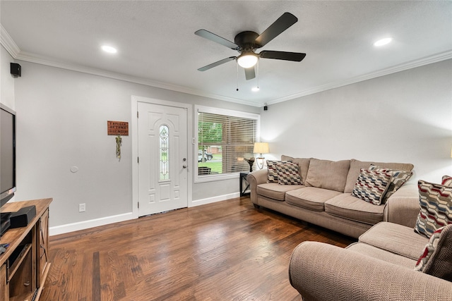 living area with crown molding, baseboards, ceiling fan, and dark wood-style flooring