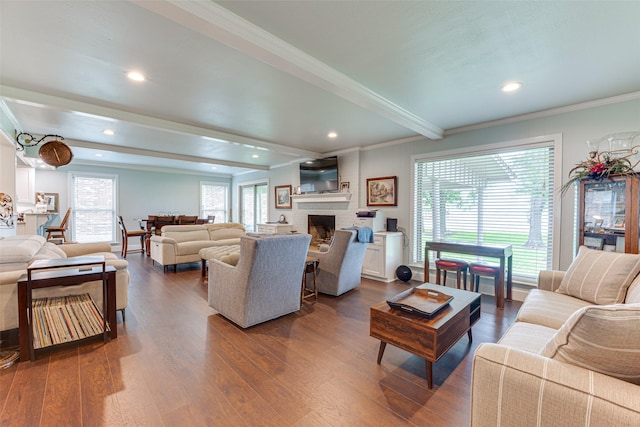 living room featuring crown molding, dark wood-style flooring, beam ceiling, and a fireplace