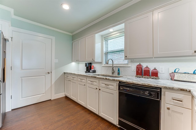 kitchen with a sink, dishwasher, dark wood finished floors, decorative backsplash, and ornamental molding