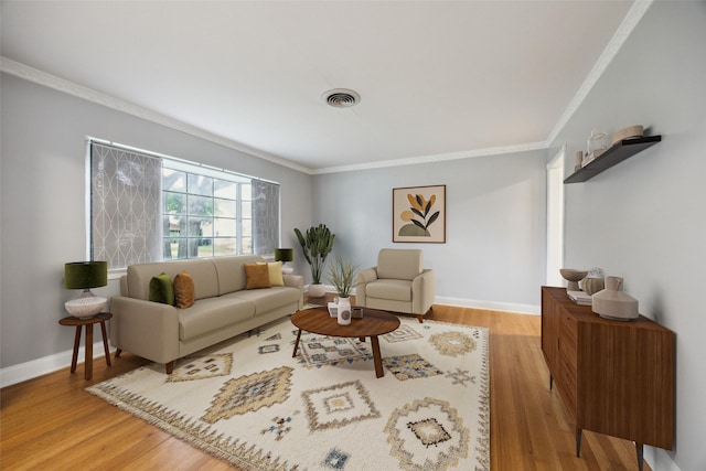 9661 Lynbrook Dr, Dallas, TX 75238 - living room with baseboards, ornamental molding, wood finished floors, and visible vents