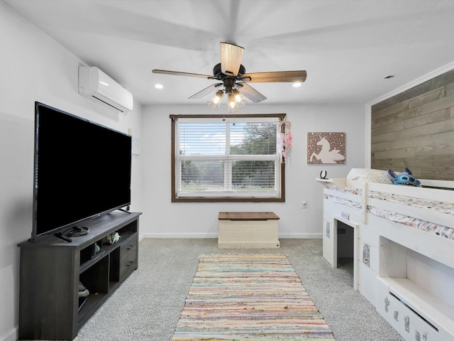 interior space featuring ceiling fan, light colored carpet, an AC wall unit, recessed lighting, and baseboards