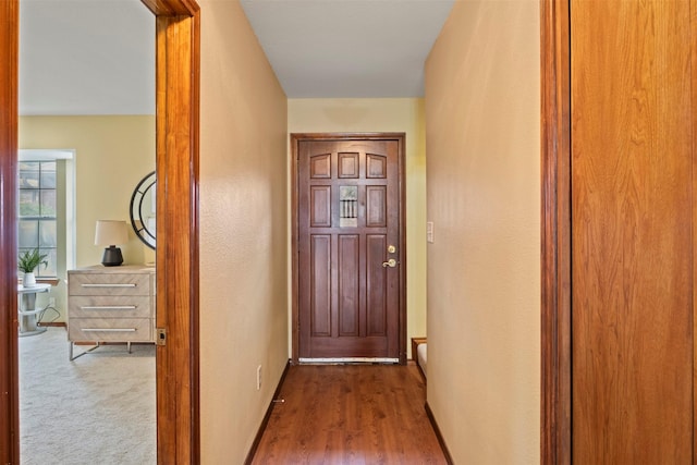 doorway to outside featuring baseboards and wood finished floors