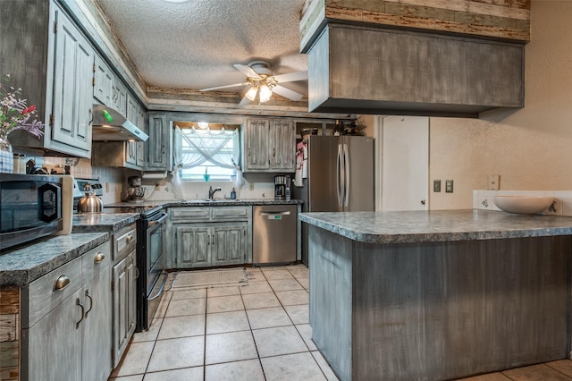 kitchen with ceiling fan, a textured ceiling, dark countertops, appliances with stainless steel finishes, and a peninsula