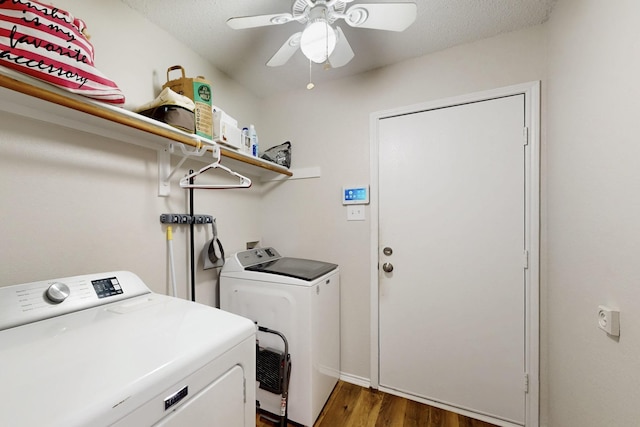 washroom with ceiling fan, laundry area, dark wood-style floors, and washer and dryer
