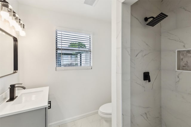 2136 Van Cleave Dr, Dallas, TX 75216 - bathroom featuring baseboards, vanity, toilet, marble finish floor, and a marble finish shower
