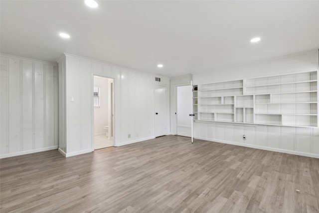 2136 Van Cleave Dr, Dallas, TX 75216 - unfurnished living room with visible vents, ornamental molding, wood finished floors, baseboards, and recessed lighting
