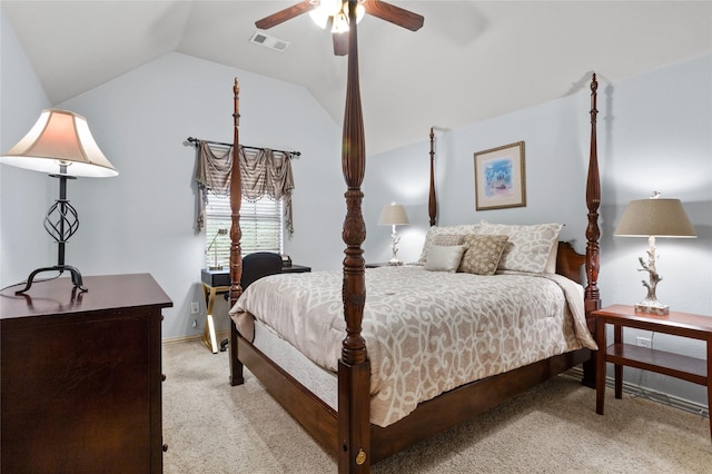 bedroom featuring visible vents, lofted ceiling, baseboards, ceiling fan, and light colored carpet