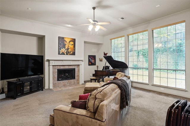 carpeted living area featuring crown molding, ceiling fan, visible vents, and a fireplace
