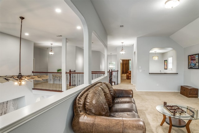 10228 Crawford Farms Dr, Fort Worth, TX 76244 - living room featuring arched walkways, carpet floors, recessed lighting, and baseboards