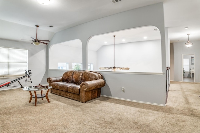 10228 Crawford Farms Dr, Fort Worth, TX 76244 - living room with light colored carpet, lofted ceiling, ceiling fan, recessed lighting, and arched walkways