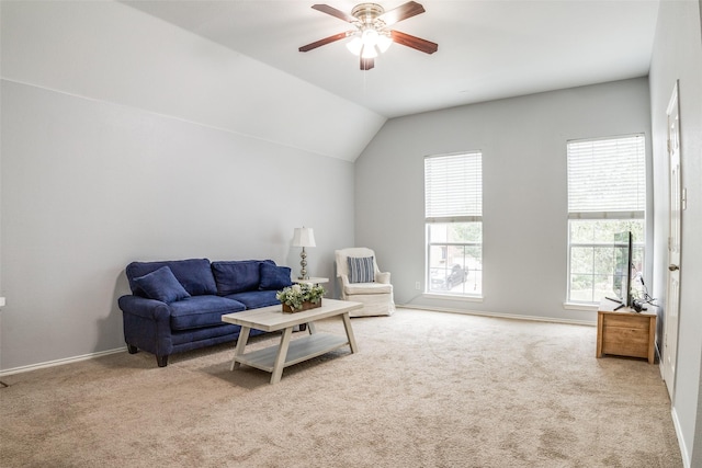 10228 Crawford Farms Dr, Fort Worth, TX 76244 - carpeted living room with a ceiling fan, lofted ceiling, and baseboards