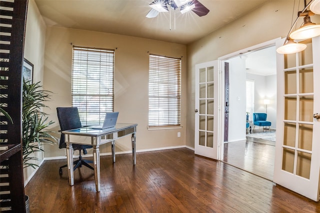10228 Crawford Farms Dr, Fort Worth, TX 76244 - office area featuring french doors, a ceiling fan, wood finished floors, and baseboards