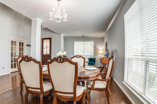 10228 Crawford Farms Dr, Fort Worth, TX 76244 - dining space with wood finished floors, a chandelier, baseboards, and crown molding