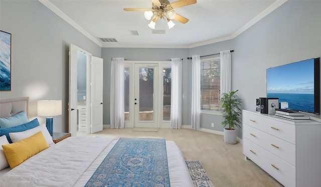 708 Renaissance Ct, Keller, TX 76248 - bedroom featuring ornamental molding, light carpet, visible vents, and access to exterior