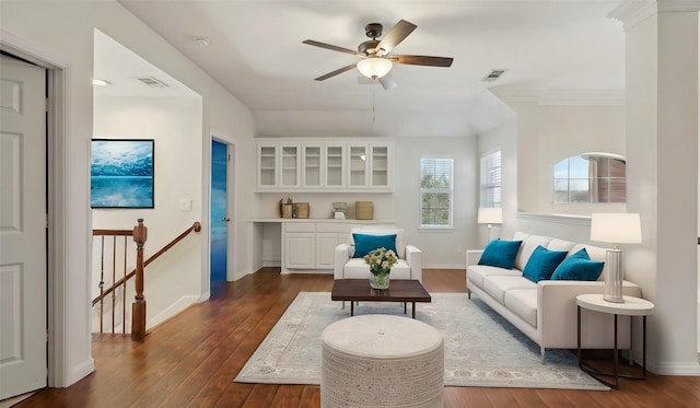 708 Renaissance Ct, Keller, TX 76248 - sitting room with dark wood-style flooring, a ceiling fan, an upstairs landing, and visible vents
