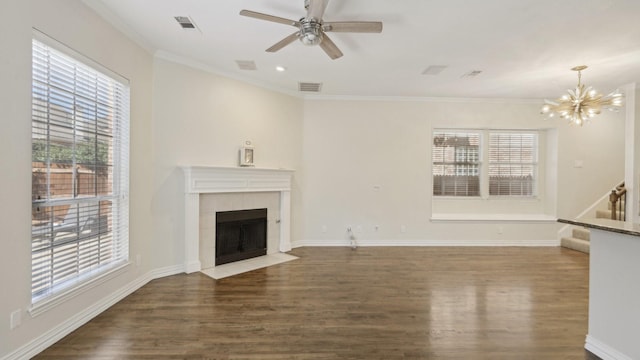 708 Renaissance Ct, Keller, TX 76248 - unfurnished living room featuring a fireplace, stairway, visible vents, and wood finished floors